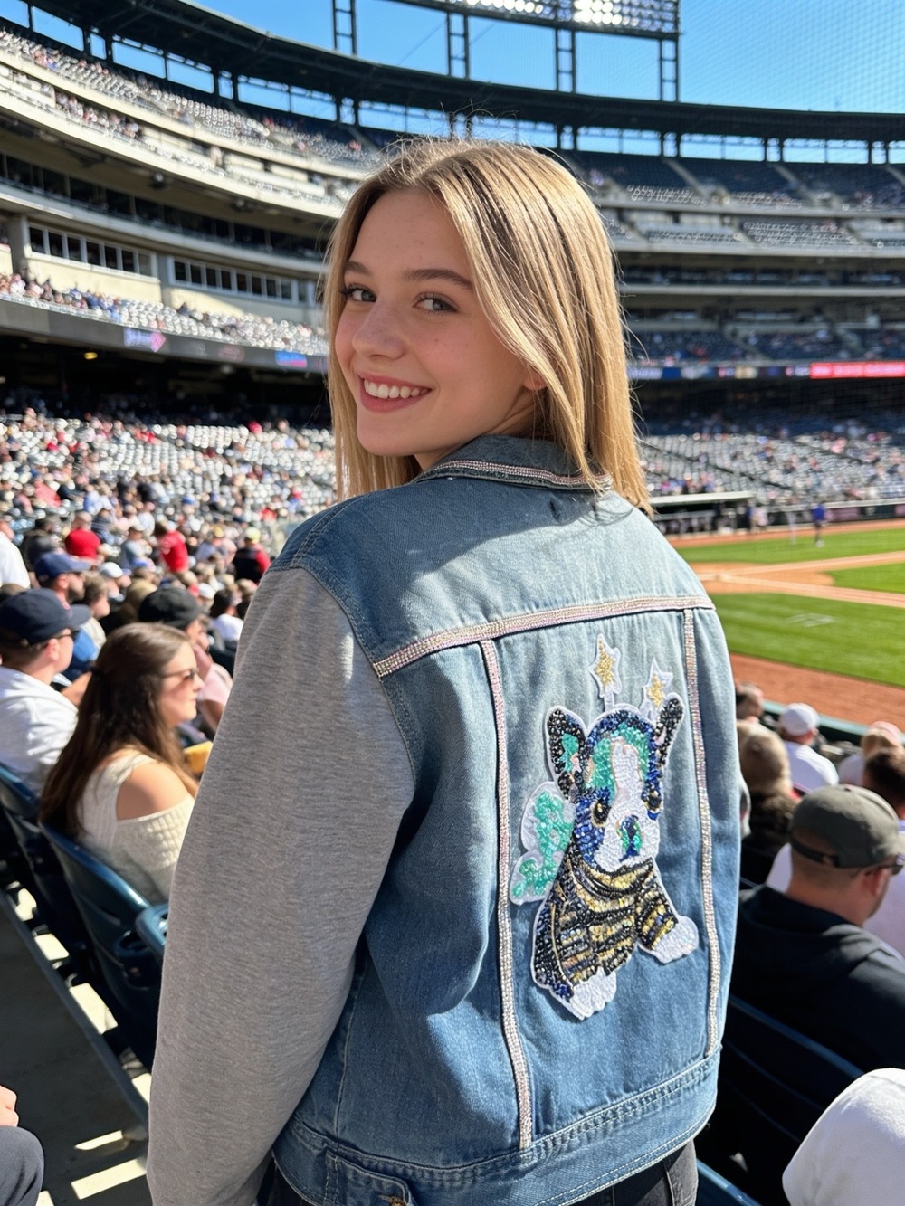 FOREVER 21 Juniors Blue Denim Jacket with Gray Sweatshirt Sleeves & Sequin Puppy